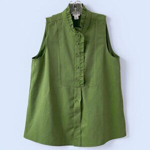 J CREW Top Women’s Size 6 Green Sleeveless Ruffle Neck 1/2 Button Summer Blouse